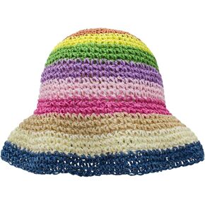 FuninCrea Straw Bucket Hat, Rainbow Mesh Woven Sun Hat