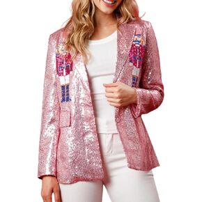 Nutcracker Blazer Pink Sequin Nutcracker Jacket Christmas Blazer Shiny Suit Jacket Open Front Glitter Holiday Blazers
