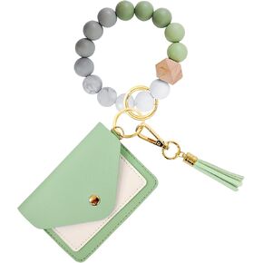 Key Chain Wristlet Bracelet with Wallet, All-in-One Wallet Keychain Wristlet for Women Bracelet Wallet Wrist Wallet Keychain with Card Wallet, Beaded Keychain Wristlet