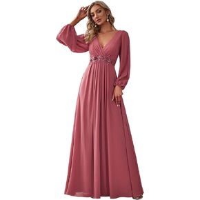 Ever-Pretty Women's V Neck Long Sleeves Floor Length Ruched Chiffon Formal Dress 00461