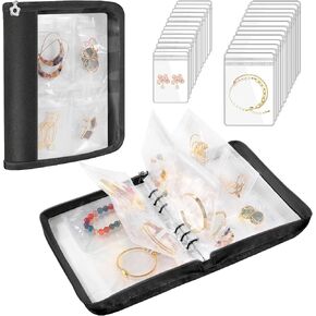 Travel Jewelry Organizer Case, Jewelry Storage Book Transparent Jewelry Binder with 96 Portable Anti Tarnish Clear Zippered Pouch Bags for Necklaces Bracelet Earrings Rings, Black