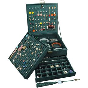 Jewelry Organizer 5 Layers Velvet Square Jewelry Box Women Necklace Ear studs Display Bangles Large Jewelry Storage Case Drawer GY306 (Blackish Green)