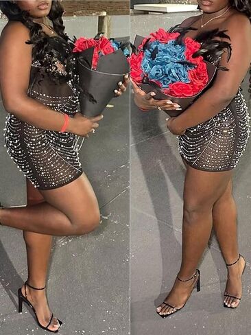 فساتين عيد ميلاد للنساء مثير ريشة متألقة شفافة لحفلات العشاء والترتر وحجر الراين XS-2XL in Kuwait