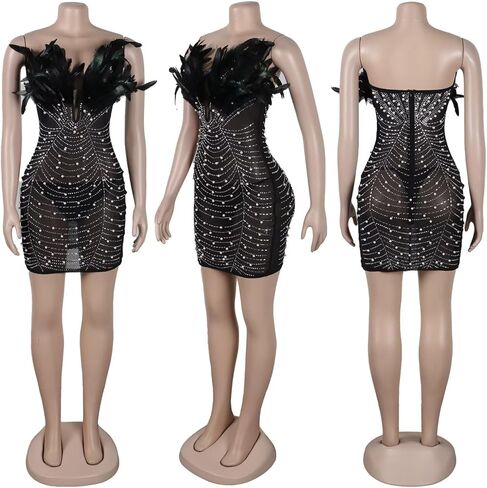 فساتين عيد ميلاد للنساء مثير ريشة متألقة شفافة لحفلات العشاء والترتر وحجر الراين XS-2XL in Kuwait