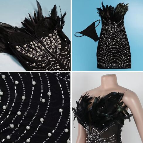 فساتين عيد ميلاد للنساء مثير ريشة متألقة شفافة لحفلات العشاء والترتر وحجر الراين XS-2XL in Kuwait