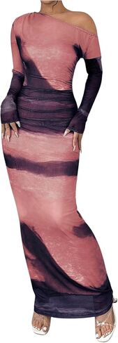 GORGLITTER Women's Tie Dye Ruched Mesh Maxi Dress Asymmetrical Neck Long Sleeve Bodycon Dresses in Kuwait