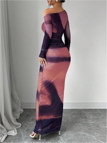 GORGLITTER Women's Tie Dye Ruched Mesh Maxi Dress Asymmetrical Neck Long Sleeve Bodycon Dresses in Kuwait