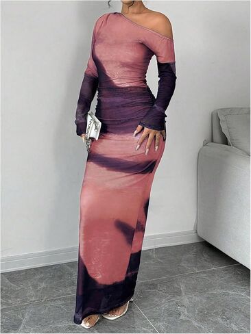 GORGLITTER Women's Tie Dye Ruched Mesh Maxi Dress Asymmetrical Neck Long Sleeve Bodycon Dresses in Kuwait