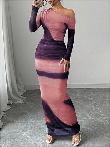 GORGLITTER Women's Tie Dye Ruched Mesh Maxi Dress Asymmetrical Neck Long Sleeve Bodycon Dresses in Kuwait