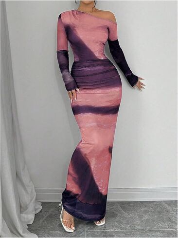 GORGLITTER Women's Tie Dye Ruched Mesh Maxi Dress Asymmetrical Neck Long Sleeve Bodycon Dresses in Kuwait