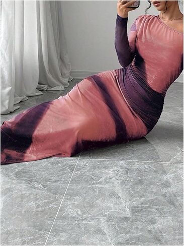 GORGLITTER Women's Tie Dye Ruched Mesh Maxi Dress Asymmetrical Neck Long Sleeve Bodycon Dresses in Kuwait