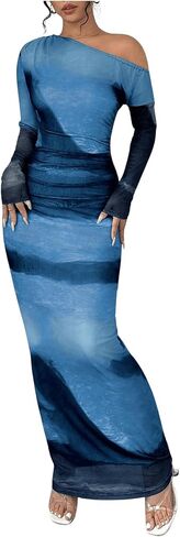 GORGLITTER Women's Tie Dye Ruched Mesh Maxi Dress Asymmetrical Neck Long Sleeve Bodycon Dresses in Kuwait