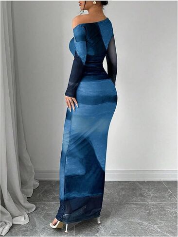 GORGLITTER Women's Tie Dye Ruched Mesh Maxi Dress Asymmetrical Neck Long Sleeve Bodycon Dresses in Kuwait