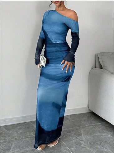 GORGLITTER Women's Tie Dye Ruched Mesh Maxi Dress Asymmetrical Neck Long Sleeve Bodycon Dresses in Kuwait
