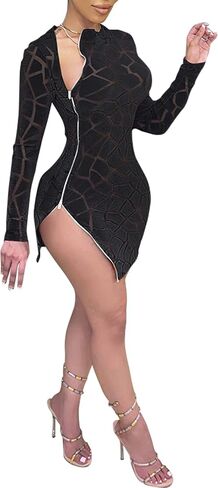 sedmoda Womens Bodycon Velvet Mini Dresses Side Zipper Slit Mesh Patchwork Sexy Long Sleeve Club Outfits in Saudi Arabia