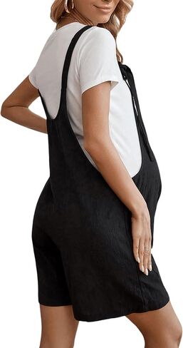 MakeMeChic Women's Maternity Romper Casual Sleeveless Tie Front Double Pocket Pregnancy Short Overalls Jumpsuits in Saudi Arabia