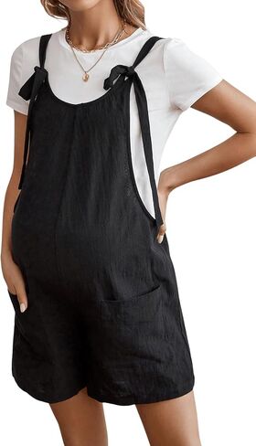 MakeMeChic Women's Maternity Romper Casual Sleeveless Tie Front Double Pocket Pregnancy Short Overalls Jumpsuits in Saudi Arabia