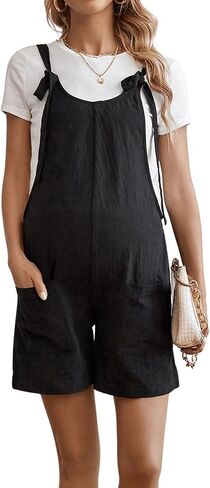 MakeMeChic Women's Maternity Romper Casual Sleeveless Tie Front Double Pocket Pregnancy Short Overalls Jumpsuits in Saudi Arabia