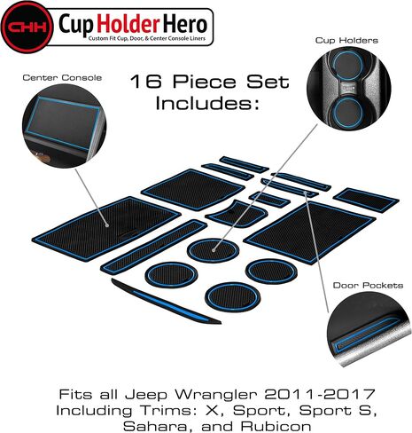 CupHolderHero يناسب ملحقات Jeep Gladiator 2020-2024+ داخلية فاخرة مخصصة مضادة للانزلاق ومضادة للغبار، سجادات بطانة وحدة التحكم المركزية، وبطانات جيب الباب مجموعة 21 قطعة (زخرفة حمراء) in Kuwait