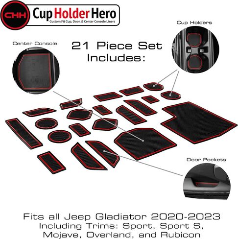 CupHolderHero يناسب ملحقات Jeep Gladiator 2020-2024+ داخلية فاخرة مخصصة مضادة للانزلاق ومضادة للغبار، سجادات بطانة وحدة التحكم المركزية، وبطانات جيب الباب مجموعة 21 قطعة (زخرفة حمراء) in Kuwait