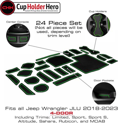 CupHolderHero يناسب ملحقات Jeep Gladiator 2020-2024+ داخلية فاخرة مخصصة مضادة للانزلاق ومضادة للغبار، سجادات بطانة وحدة التحكم المركزية، وبطانات جيب الباب مجموعة 21 قطعة (زخرفة حمراء) in Kuwait