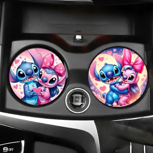 Rawan Car Cup Holder Coaster, 2PCS Cute Stitch Car Coasters for Cup Holder Universal Auto Anti Slip Insert Coaster Car Assecories for Women Men,Cute Car Interior Accessories (D) in Kuwait