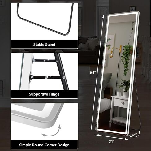 مرآة LED كاملة الطول مقاس 64 بوصة × 21 بوصة، مرآة مثبتة بمصابيح LED، مرآة LED بإطار من الألومنيوم مع إضاءة خافتة و3 ألوان، مرآة مضيئة لكامل الجسم لغرفة النوم، وغرفة الملابس، وغرفة الملابس in Kuwait