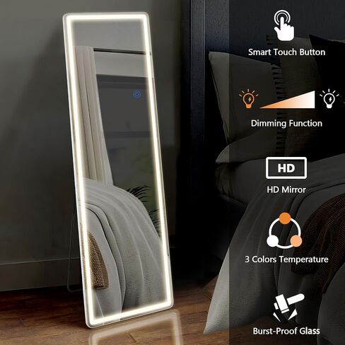 مرآة LED كاملة الطول مقاس 64 بوصة × 21 بوصة، مرآة مثبتة بمصابيح LED، مرآة LED بإطار من الألومنيوم مع إضاءة خافتة و3 ألوان، مرآة مضيئة لكامل الجسم لغرفة النوم، وغرفة الملابس، وغرفة الملابس in Kuwait