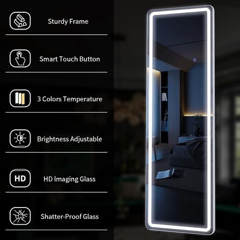 مرآة LED كاملة الطول مقاس 64 بوصة × 21 بوصة، مرآة مثبتة بمصابيح LED، مرآة LED بإطار من الألومنيوم مع إضاءة خافتة و3 ألوان، مرآة مضيئة لكامل الجسم لغرفة النوم، وغرفة الملابس، وغرفة الملابس in Kuwait