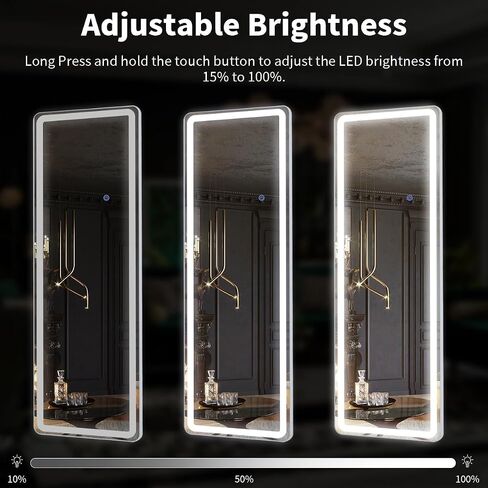 مرآة LED كاملة الطول مقاس 64 بوصة × 21 بوصة، مرآة مثبتة بمصابيح LED، مرآة LED بإطار من الألومنيوم مع إضاءة خافتة و3 ألوان، مرآة مضيئة لكامل الجسم لغرفة النوم، وغرفة الملابس، وغرفة الملابس in Kuwait