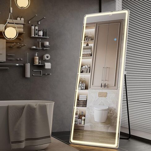 مرآة LED كاملة الطول مقاس 64 بوصة × 21 بوصة، مرآة مثبتة بمصابيح LED، مرآة LED بإطار من الألومنيوم مع إضاءة خافتة و3 ألوان، مرآة مضيئة لكامل الجسم لغرفة النوم، وغرفة الملابس، وغرفة الملابس in Kuwait