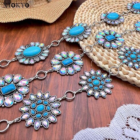 Bling Rhinestone Concho Belt Silver Metal Boho Turquoise Belts Western Crystal Waist Chain Belt for Women Dress in Saudi Arabia