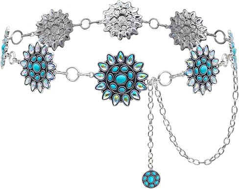 Bling Rhinestone Concho Belt Silver Metal Boho Turquoise Belts Western Crystal Waist Chain Belt for Women Dress in Saudi Arabia