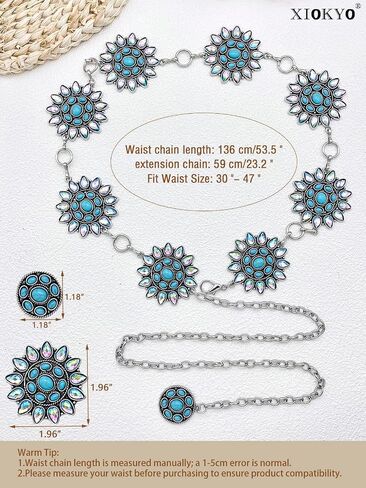 Bling Rhinestone Concho Belt Silver Metal Boho Turquoise Belts Western Crystal Waist Chain Belt for Women Dress in Saudi Arabia