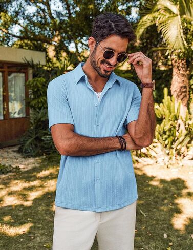 PJ PAUL JONES Men's Summer Beach Shirt Short Sleeve Button Down Shirt Textured Casual Shirts in Saudi Arabia
