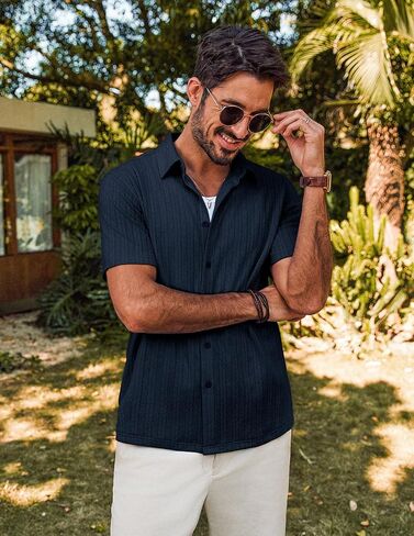 PJ PAUL JONES Men's Summer Beach Shirt Short Sleeve Button Down Shirt Textured Casual Shirts in Saudi Arabia