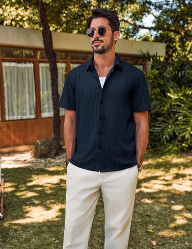 PJ PAUL JONES Men's Summer Beach Shirt Short Sleeve Button Down Shirt Textured Casual Shirts in Saudi Arabia