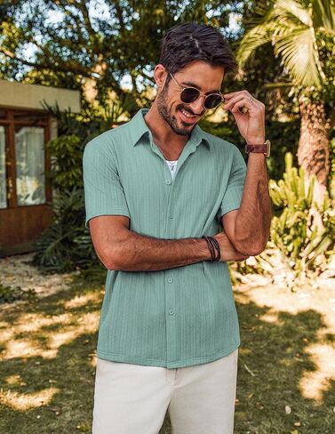 PJ PAUL JONES Men's Summer Beach Shirt Short Sleeve Button Down Shirt Textured Casual Shirts in Saudi Arabia
