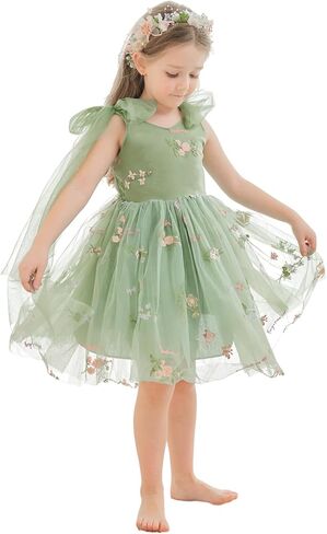 Flower Girl Dress Floral Embroidered Tulle Bow Tie Dresses for Wedding Garden Party Girl's Fairy Dresses 6M-14Y in Kuwait