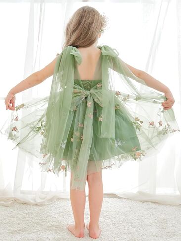 Flower Girl Dress Floral Embroidered Tulle Bow Tie Dresses for Wedding Garden Party Girl's Fairy Dresses 6M-14Y in Kuwait