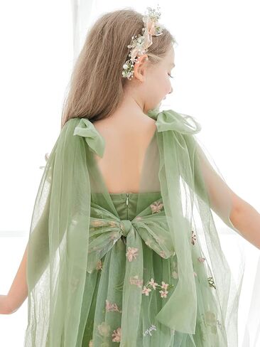 Flower Girl Dress Floral Embroidered Tulle Bow Tie Dresses for Wedding Garden Party Girl's Fairy Dresses 6M-14Y in Kuwait