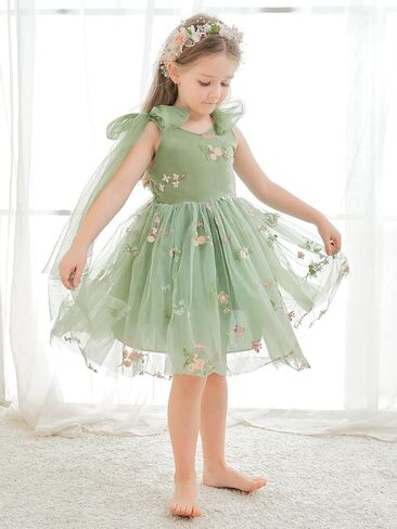 Flower Girl Dress Floral Embroidered Tulle Bow Tie Dresses for Wedding Garden Party Girl's Fairy Dresses 6M-14Y in Kuwait