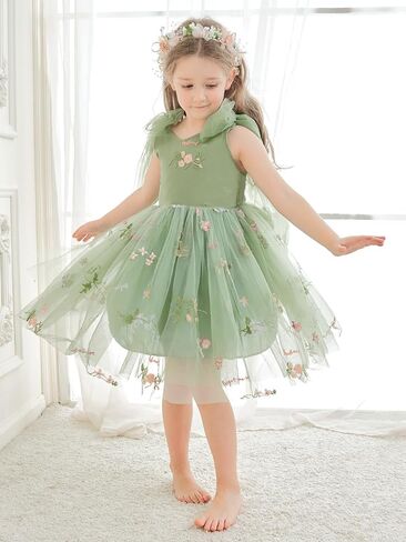 Flower Girl Dress Floral Embroidered Tulle Bow Tie Dresses for Wedding Garden Party Girl's Fairy Dresses 6M-14Y in Kuwait