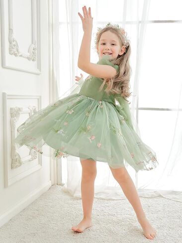 Flower Girl Dress Floral Embroidered Tulle Bow Tie Dresses for Wedding Garden Party Girl's Fairy Dresses 6M-14Y in Kuwait