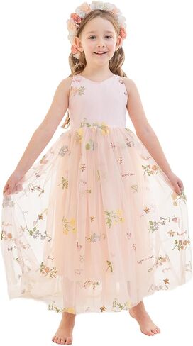 Flower Girl Dress Floral Embroidered Tulle Bow Tie Dresses for Wedding Garden Party Girl's Fairy Dresses 6M-14Y in Kuwait