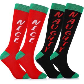 2 Pairs of Christmas Black Naughty and Red Nice Socks Christmas Knee Socks Women High Long Christmas Socks for Adults Men and Women