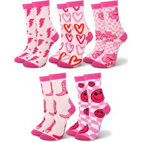 Jeyiour 5 Pair Pink Cowgirl Socks Valentines Gift for Women Cotton Heart Crew Socks Hot Pink Socks Preppy Smile Face Western Socks