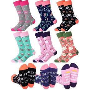 6 Pairs Mom Socks Floral Crew Socks with Best Mom Text Novelty Mother Appreciation Gift for Birthday Christmas Mother's Day