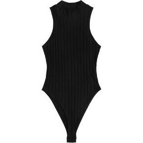 Milumia Women Sleeveless High Cut Ribbed Knit Mock Neck Basic Solid Bodysuits Tops