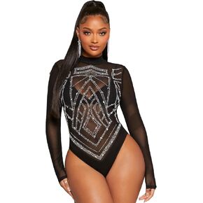 WDIRARA Women's Rhinestone Sheer Mesh Mock Neck Long Sleeve Bodysuit Stand Collar Club Party Shirt
